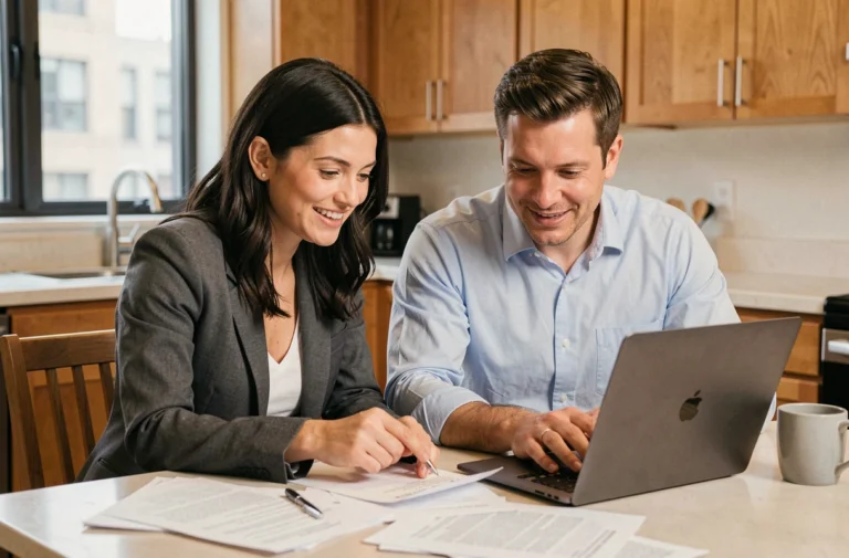 Couple examinant des documents de crédit immobilier sur une table de cuisine moderne avec un ordinateur portable