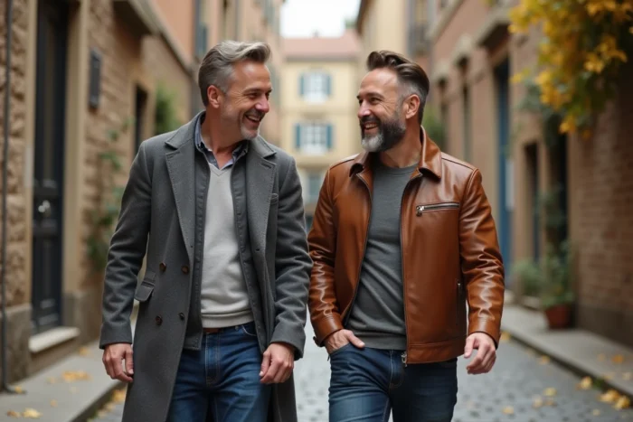 Deux hommes complices marchant dans une rue pavée européenne en automne, illustration d'un couple discret et élégant