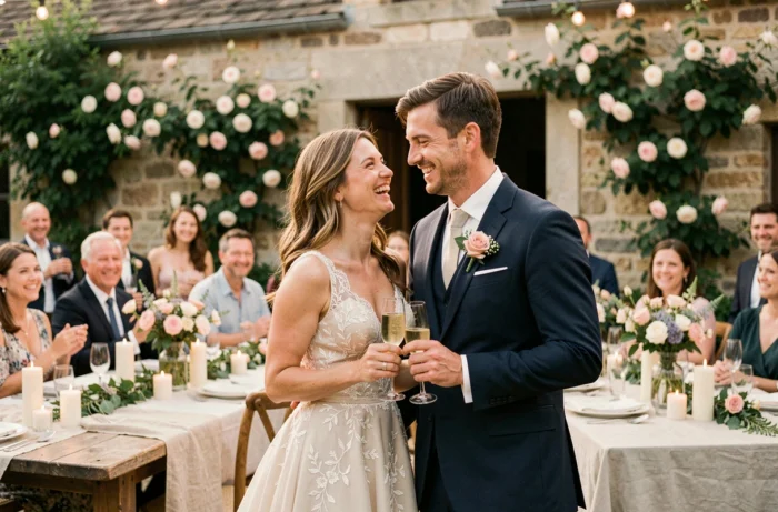 Couple de mariés riant lors de leur réception de mariage en plein air dans un jardin champêtre français