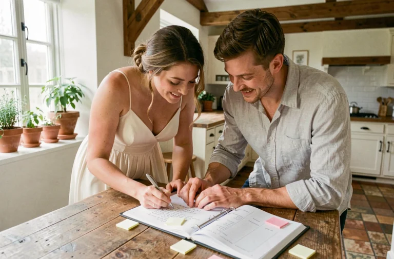 Couple de futurs mariés révisant ensemble une liste de contrôle pour organiser leur mariage sans stress