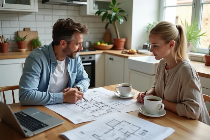 Couple étudiant des plans immobiliers et des brochures de projet à domicile