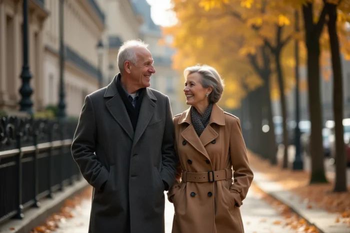 Couple élégant se promenant sur un boulevard parisien en automne, évoquant la vie personnelle d'une figure intellectuelle française