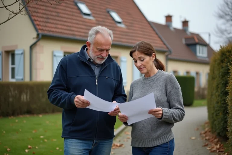 Couple de propriétaires devant leur maison individuelle examinant des factures liées à la taxe carbone 2027