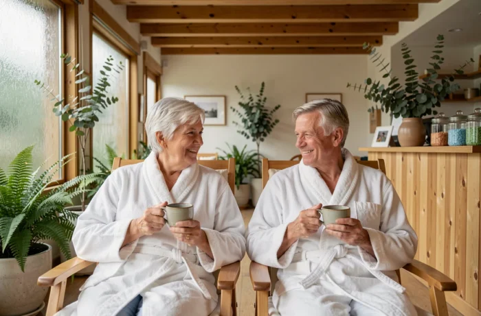 Couple de seniors en peignoirs blancs savourant une tisane dans le salon d'un centre thermal moderne et paisible