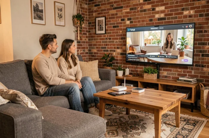 Couple regardant un film en streaming sur une télévision connectée au wifi dans un appartement