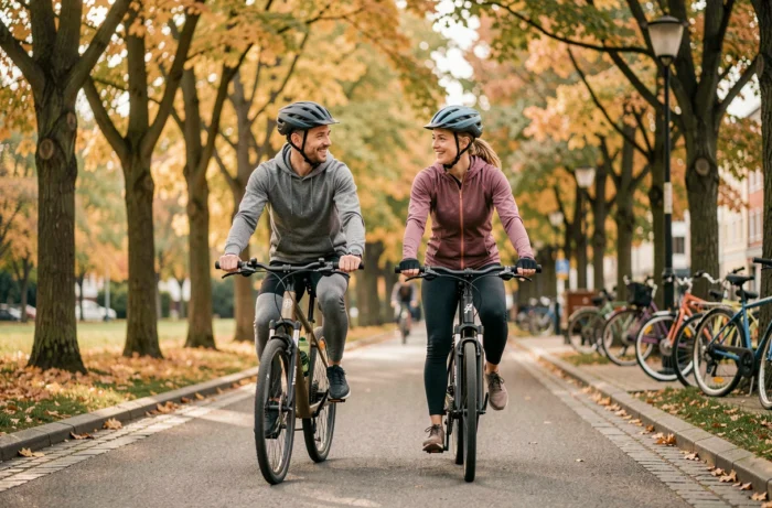 Couple faisant du vélo en ville sur une piste cyclable, illustrant un mode de vie sain et écologique