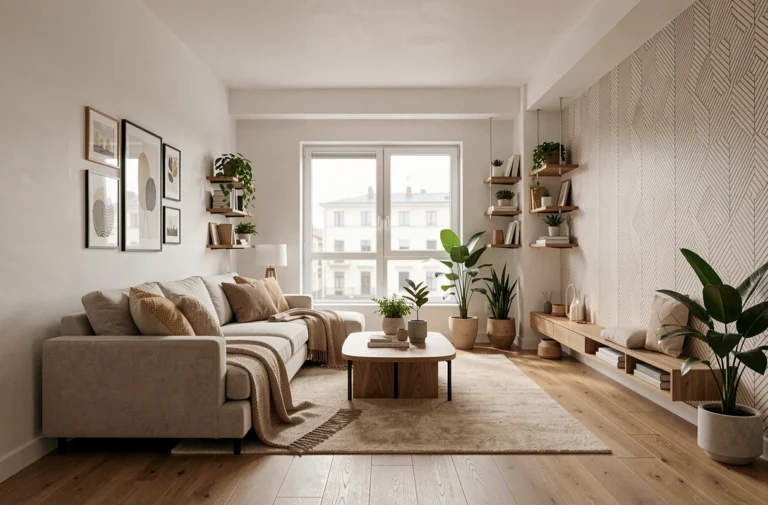 Salon moderne et tendance avec déco soigneusement composée, mur d'accent, plantes et textiles superposés