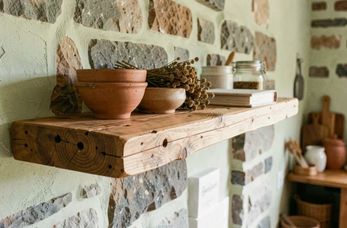 Étagère en poutre de chêne récupéré avec patine naturelle et finition à l'huile de lin dans une cuisine rustique en pierre