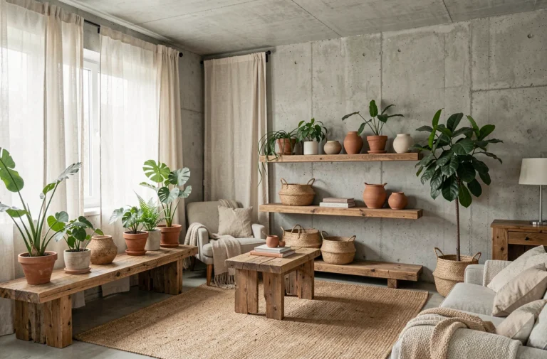 Salon écologique et tendance avec plantes, mobilier en bois recyclé, textiles naturels et accessoires artisanaux