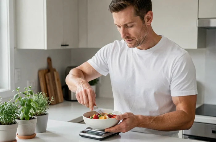 Homme portionnant un repas équilibré avec une balance de cuisine, illustrant un déficit calorique modéré sans restriction sévère