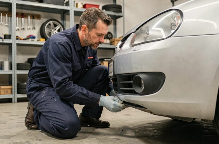 Mécanicien en combinaison bleue démontant le pare-chocs avant d'une Volkswagen Golf 6 dans un garage privé