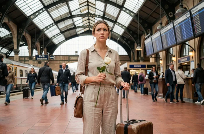 Femme seule avec une valise dans une gare française tenant une rose blanche, symbolisant un départ après un divorce suite à une émission de télé-réalité de mariage
