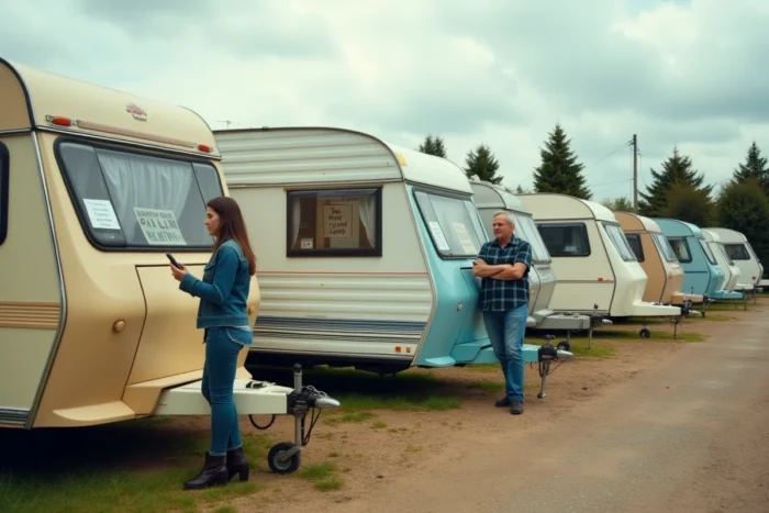 Vue d'ensemble d'un déstockage de caravanes d'occasion entre particuliers avec plusieurs modèles exposés et des acheteurs potentiels