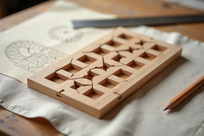 Détail en gros plan d'un moucharabieh en bois érable avec assemblages géométriques et outils de mesure sur une table