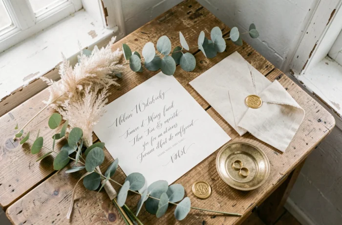 Détails personnalisés de mariage en flat-lay sur bois brut, incluant faire-part calligraphié et accessoires élégants