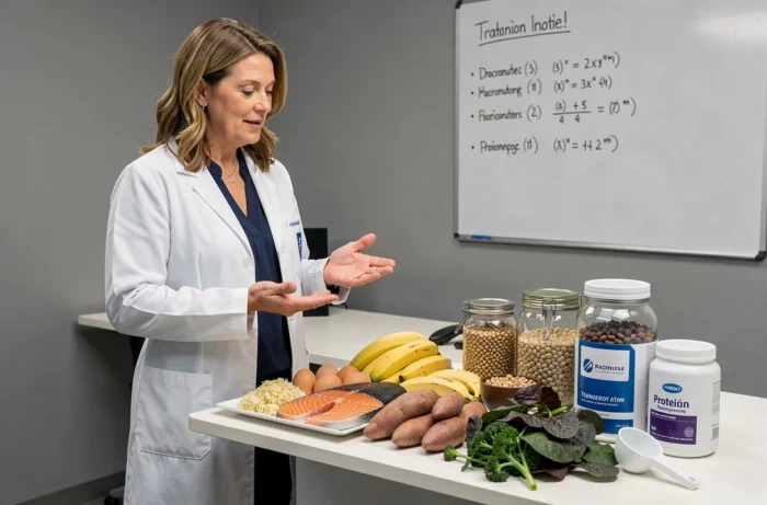 Diététicienne sportive présentant des aliments riches en nutriments essentiels pour améliorer les performances des athlètes