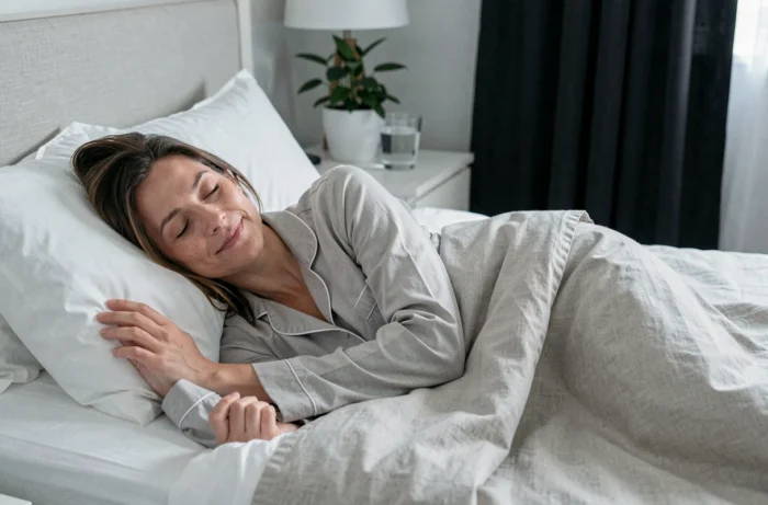Femme dormant paisiblement dans un lit confortable, illustrant l'importance du sommeil pour réguler les hormones de la faim