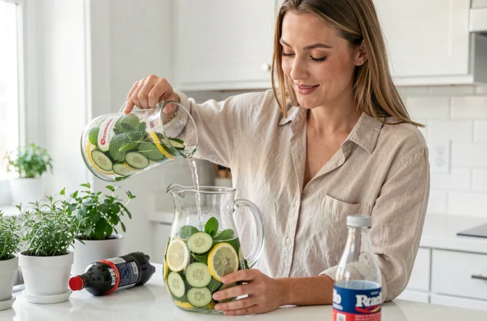 Femme préparant une carafe d'eau aromatisée maison au citron et à la menthe en remplacement des boissons sucrées