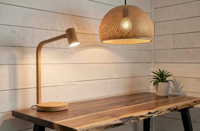 Bureau avec lampe LED à base en liège biosourcé et suspension en rotin tressé dans un espace de travail minimaliste