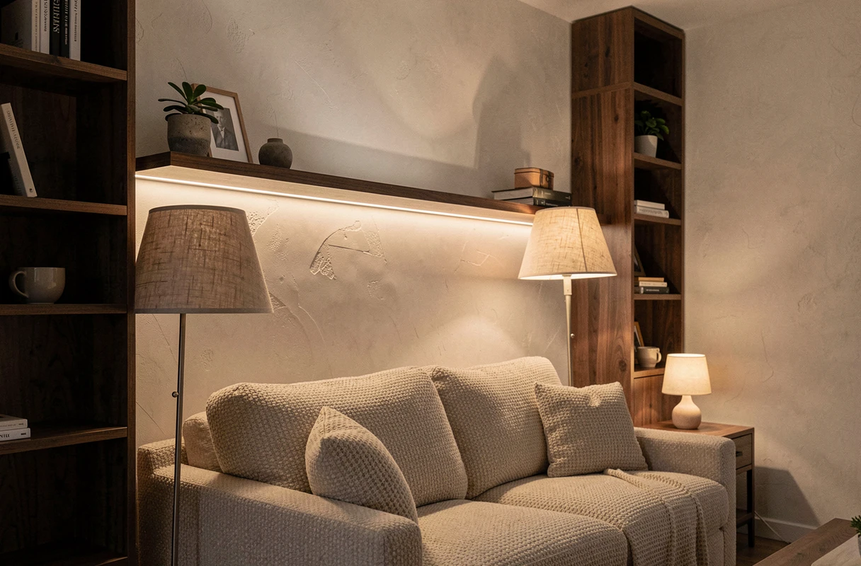 Salon avec éclairage indirect et modulable créé par plusieurs sources de lumière réfléchie