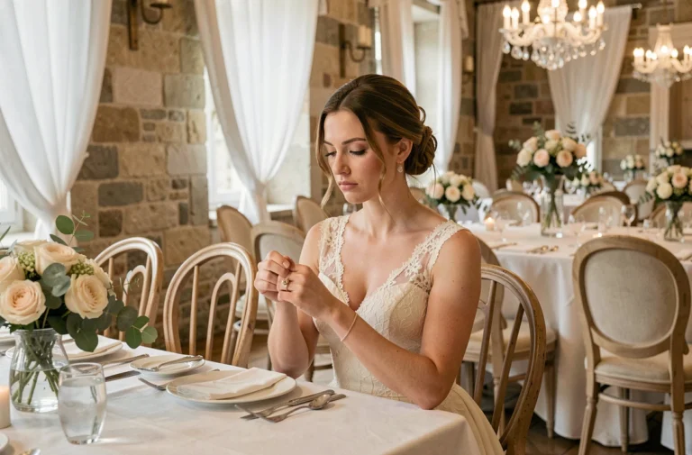 Femme en robe de mariée assise seule à une table de réception lors d'un mariage, regard mélancolique évoquant un divorce ou une séparation
