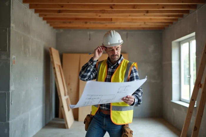 Entrepreneur en bâtiment examinant des plans dans un chantier de construction résidentielle
