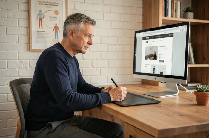 Entrepreneur en télétravail analysant une maquette de site web pour améliorer sa présence digitale depuis son bureau à domicile