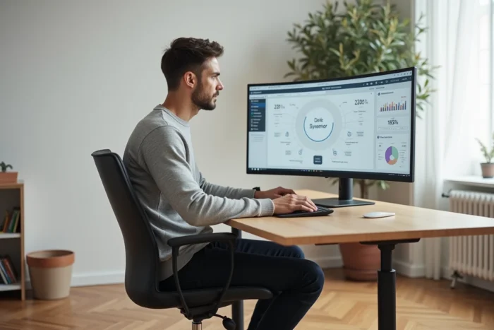 Entrepreneur concentré utilisant un logiciel de gestion de performance dans un bureau épuré et moderne