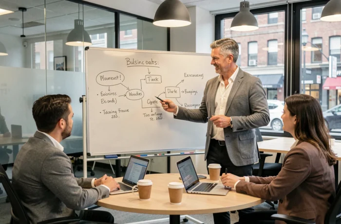 Entrepreneur présentant un plan d'affaires sur un tableau blanc à des collègues dans un espace de co-working professionnel