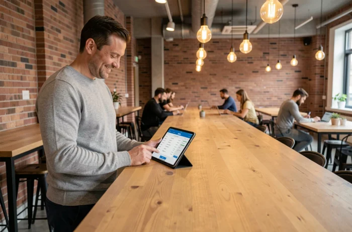 Entrepreneur consultant ses comptes professionnels BNP Net Entreprise sur tablette dans un espace de coworking