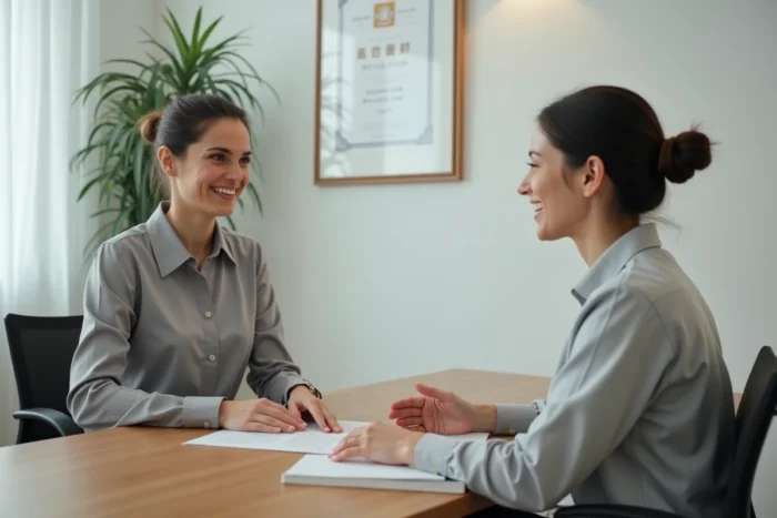 Candidate à un poste de secrétaire médicale lors d'un entretien d'embauche dans un bureau administratif de clinique