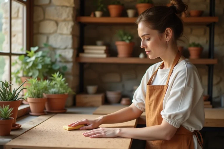 Femme entretenant un panneau de liège naturel dans un atelier artisanal, illustrant les techniques de nettoyage de l'or végétal
