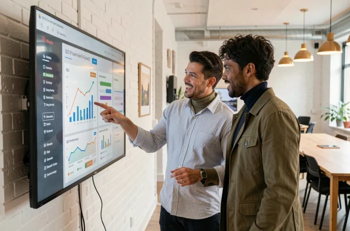 Équipe de professionnels collaborant autour d'un écran tactile affichant des indicateurs de performance SEO dans un espace de coworking
