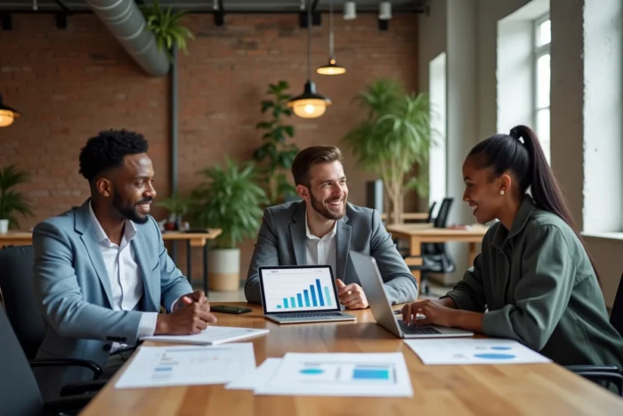 Équipe diversifiée collaborant autour de solutions business innovantes dans un espace de coworking