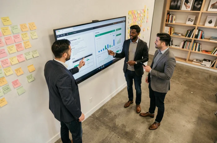 Équipe de professionnels du marketing digital collaborant sur une stratégie de présence en ligne devant un écran interactif