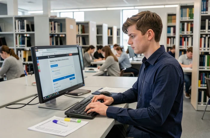 Étudiant consultant le portail ecandidat en bibliothèque universitaire pour soumettre sa candidature