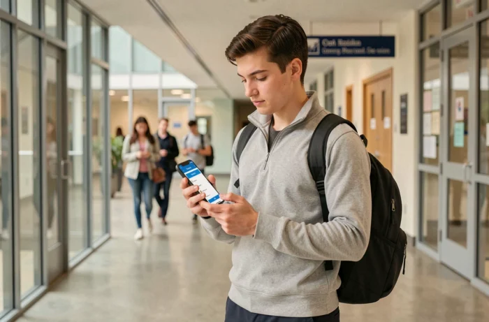 Nouvel étudiant consultant MyNeomaAgora sur son smartphone dans le couloir du campus Néoma