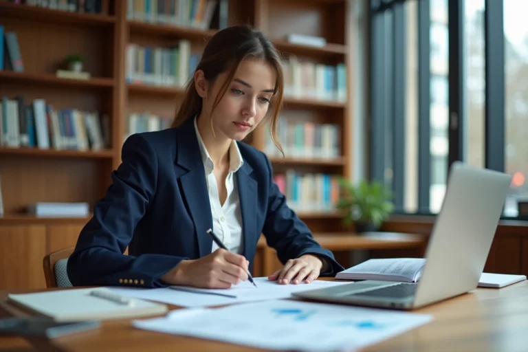 Étudiante en bachelor à Kedge Business School révisant des documents financiers dans une bibliothèque moderne