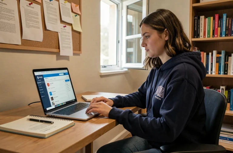 Étudiante connectée à la plateforme MyNeomaAgora sur son ordinateur portable dans sa chambre universitaire