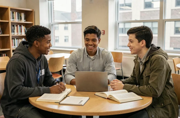 Groupe d'étudiants en alternance travaillant ensemble dans un espace commun universitaire moderne