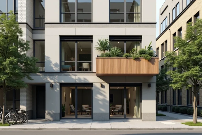 Façade extérieure d'un appartement duplex en immeuble urbain avec terrasse privée sur le niveau supérieur et grandes fenêtres