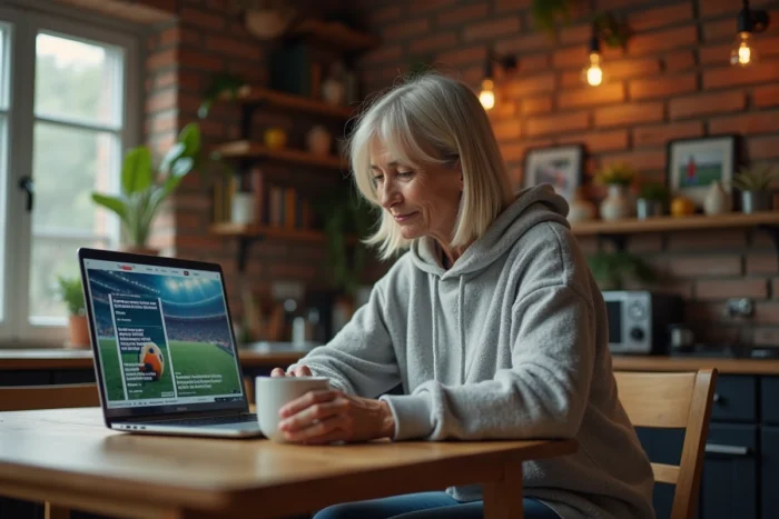 Femme adulte consultant un site d'actualités sportives sur son ordinateur portable depuis son domicile avec une tasse de café