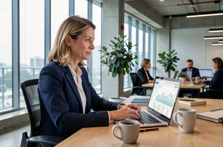Femme d'affaires gérant les finances de son entreprise sur BNP Net Entreprise depuis son bureau moderne