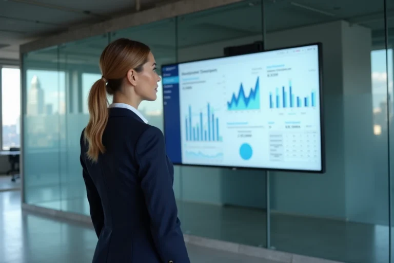 Femme d'affaires analysant des tableaux de bord de performance d'entreprise dans un bureau moderne