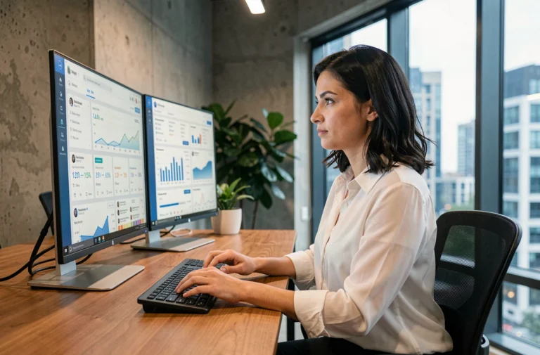 Femme professionnelle travaillant sur des tableaux de bord analytiques dans un bureau moderne pour optimiser la présence en ligne