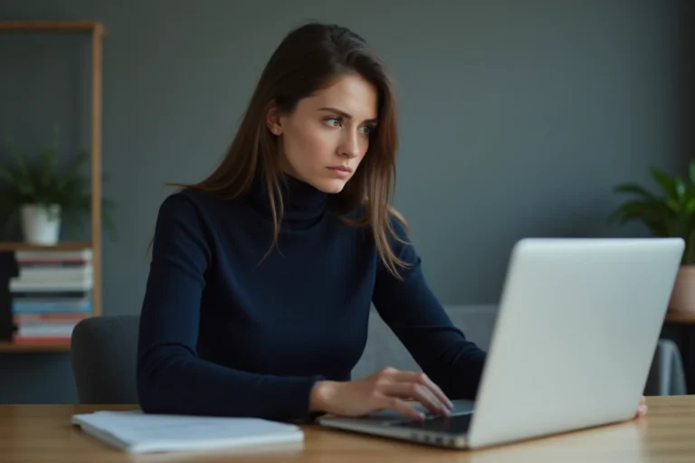 Femme analysant des informations suspectes sur son ordinateur portable pour éviter les pièges des leaks en ligne en 2026