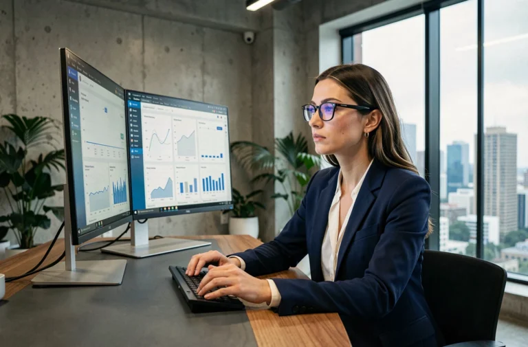 Femme professionnelle analysant des tableaux de bord de performance web sur double écran dans un bureau moderne