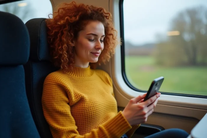 Jeune femme consultant l'application SNCF Connect dans un TGV pour changer le nom sur son billet