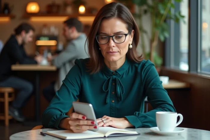 Femme auto-entrepreneuse gérant son activité en ligne depuis un café avec son smartphone