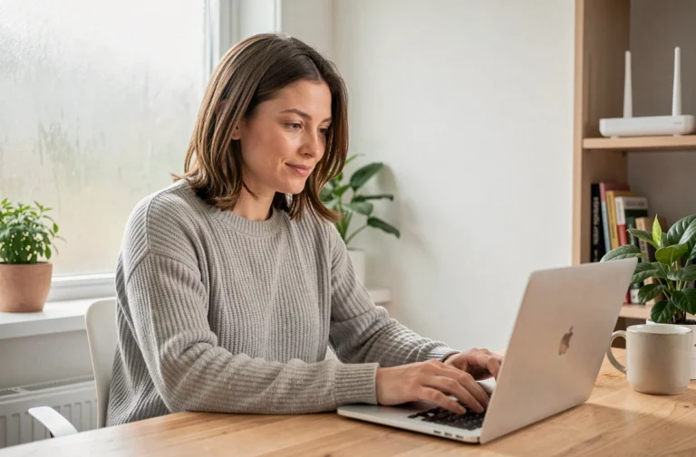 Femme travaillant sur un ordinateur portable connecté au wifi dans un bureau à domicile moderne